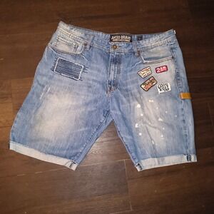AKOO Brand Mens Distressed Denim Shorts Light Wash Multi Patch Splatter Size 42